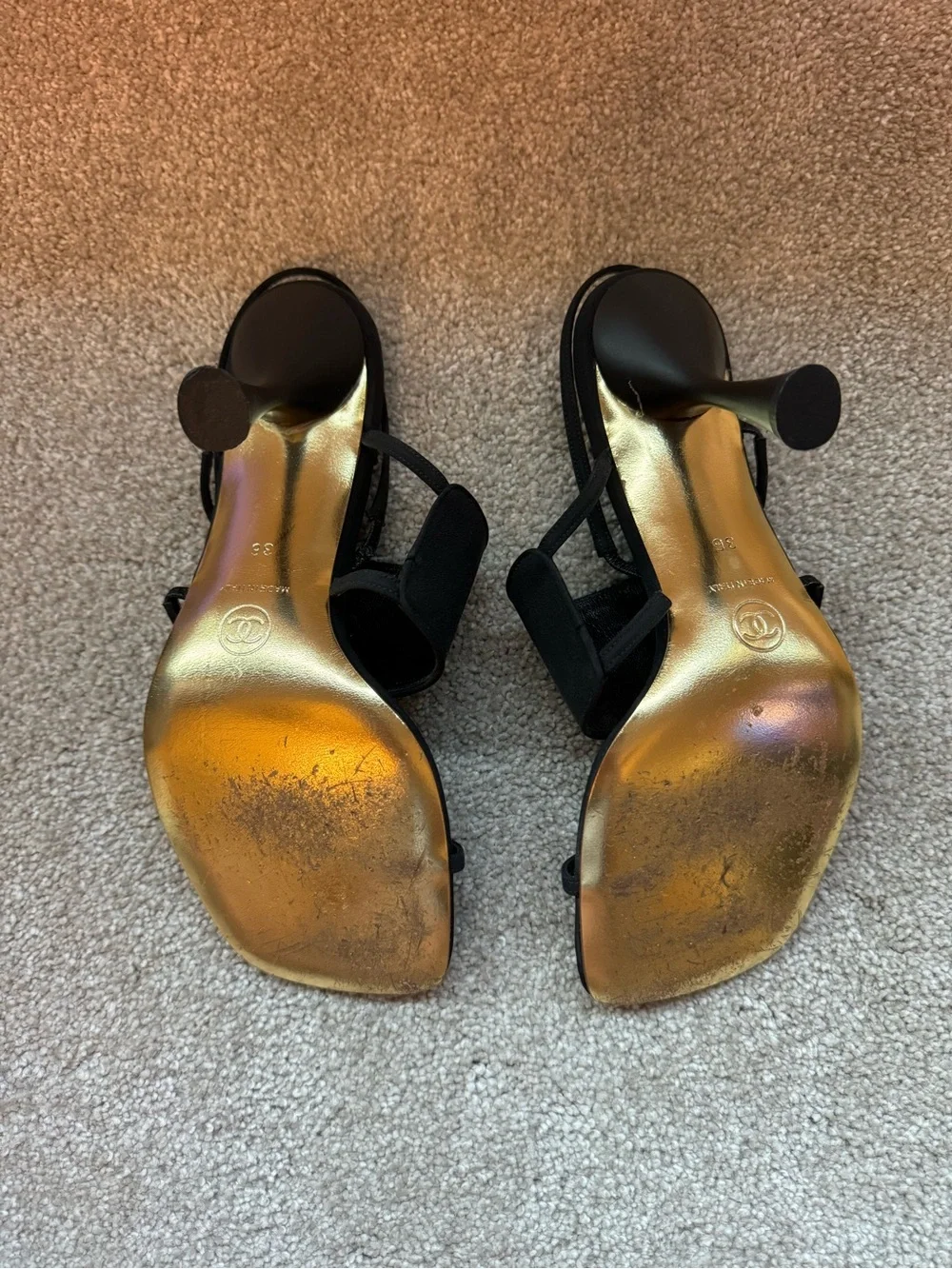 Chanel Black Cruise Vintage Crystal Logo Sling Back Toe Heels Size 36